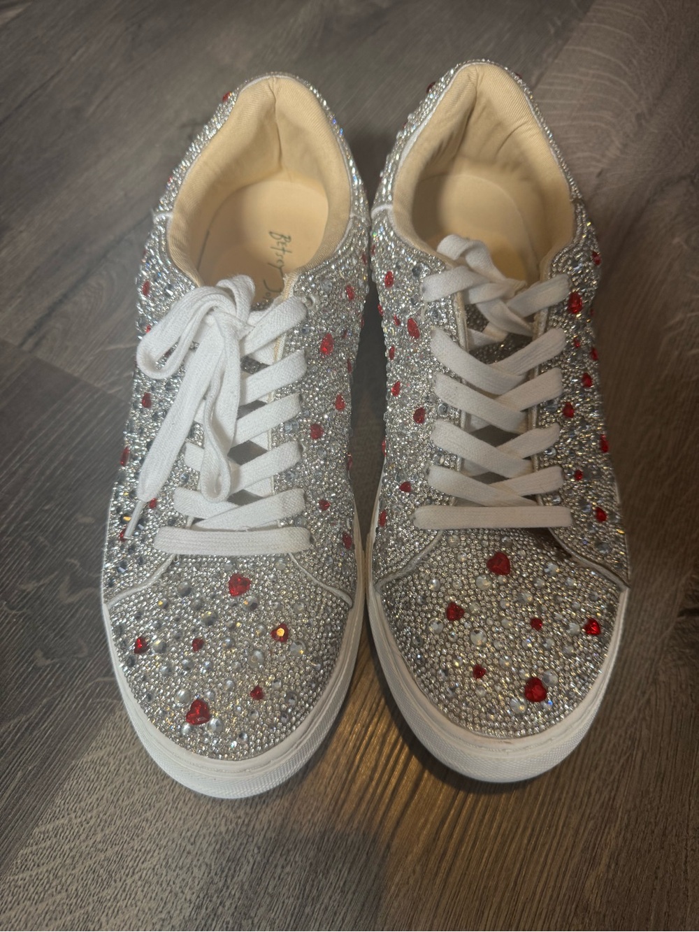 EUC Betsey Johnson Silver Rhinestone Sneakers with Red Heart Accents